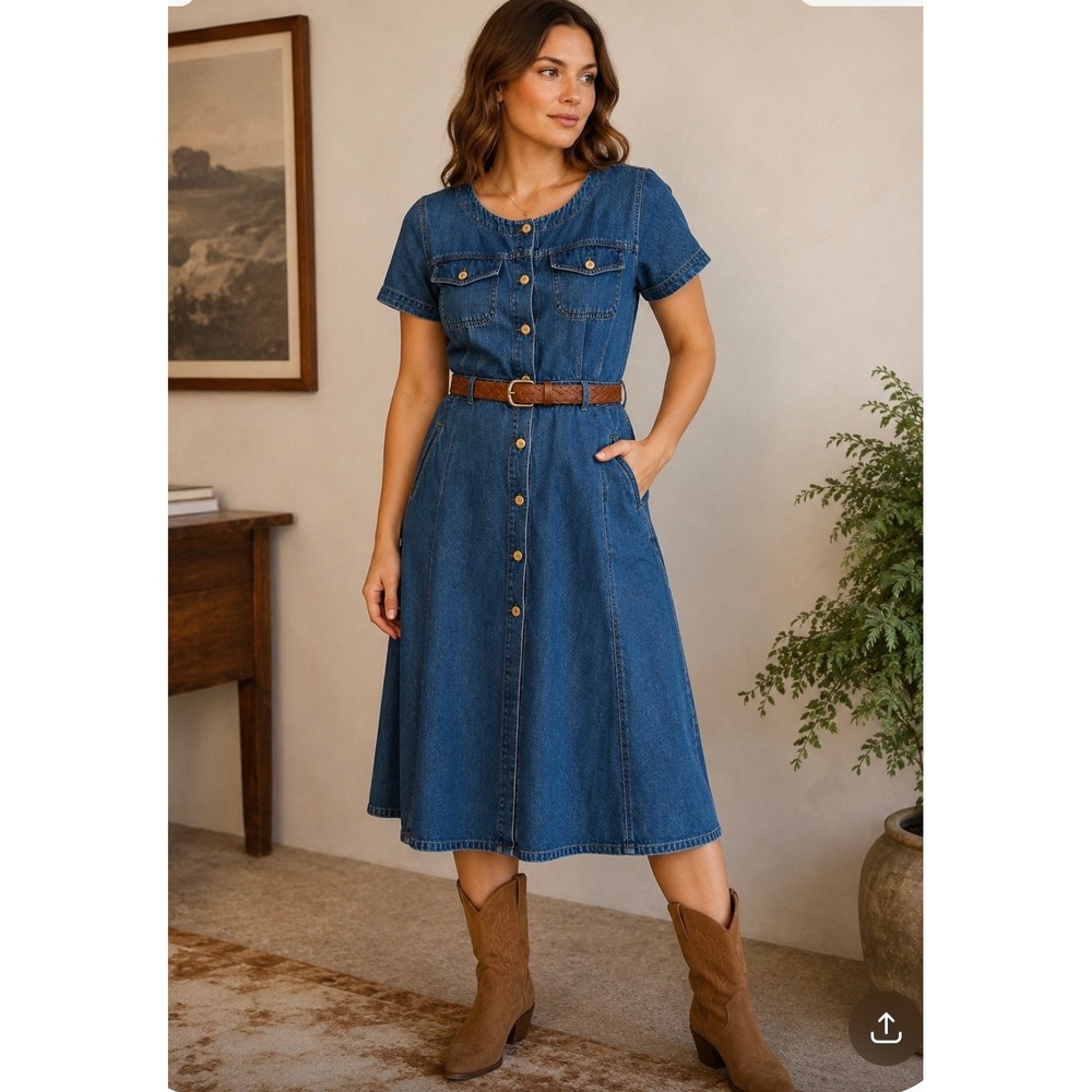 Vintage Bill Blass Denim Midi Dress Womens 10 Blue Cotton Button Front A-LinE